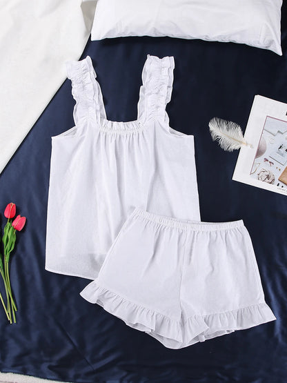 100% Cotton Square Neck Womens Frilled Casual Sleepwear Short and Tank Set