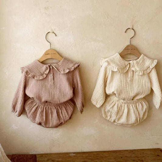 2pcs Baby Girls Ruffle Shirt and Bloomer Set Cotton